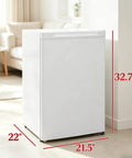 3 Cu Ft Compact Upright Freezer With Reversible Door And Bright White Shell, dimensions displayed in a well-lit room.