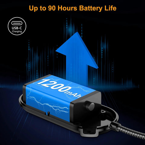 Rechargeable clip-on book light with flexible goose neck and blue 1200mAh battery pack, USB-C charging.