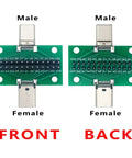 Front and back view of USB C Breakout Test Board 2 Pack Solderless Pins 24 Pin 2.54mm Double Sided Socket With Pin Header Connector