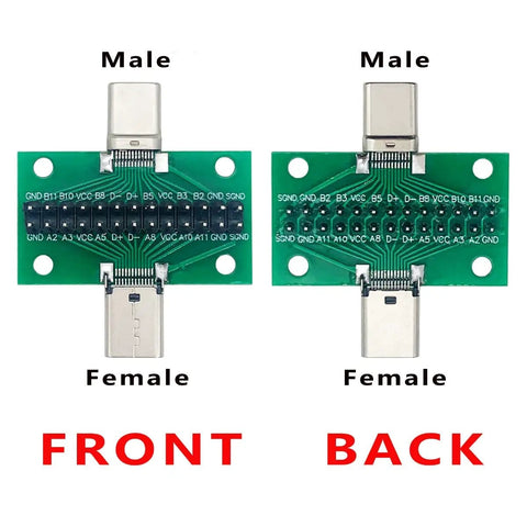Front and back view of USB C Breakout Test Board 2 Pack Solderless Pins 24 Pin 2.54mm Double Sided Socket With Pin Header Connector