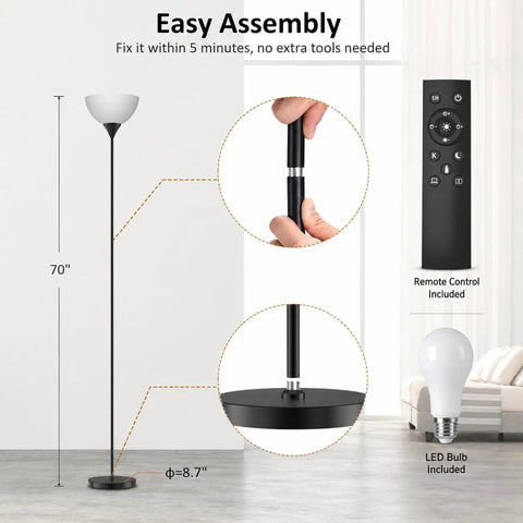 Remote Control Torchiere Floor Lamp With Stepless Dimming And Color Temperature, 9W LED Bulb Included, Up To 49 Ft Range, No Fuss Remote, Easy Setup For Bedroom Or Living Room, Matte Black