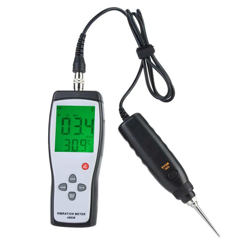 Professional Lcd Vibration Analyzer Meter with digital display and probe for motor and shaft shake analysis.