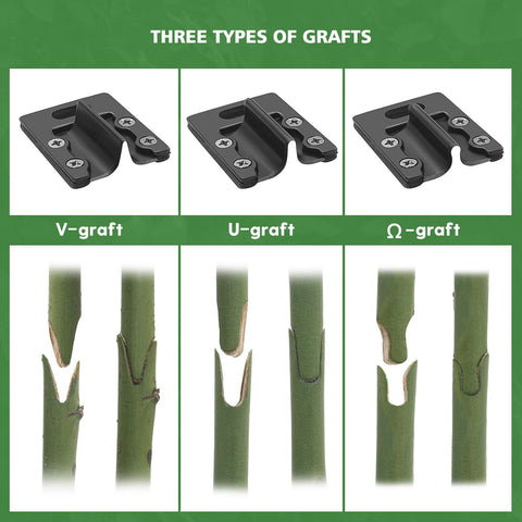 Illustration of V-graft, U-graft, and Omega-graft types for All In One Garden Grafting Tool Kit For Fruit Trees Pruning Scissors Set