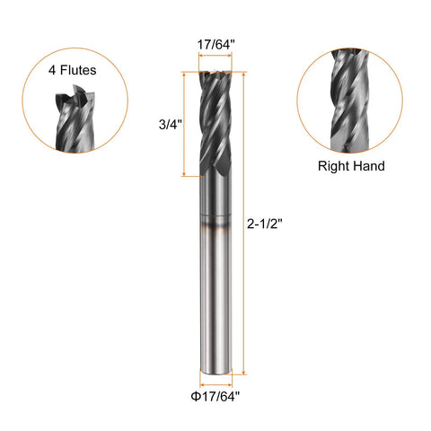 Pro Grade Heavy Duty Carbide End Mill With Square Nose For Hardened Steel, TiAlN Coated, 17 64th Inch Cutting Diameter, Four Flutes