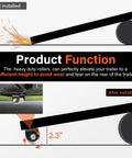 Diagram showing heavy duty weld on steel micro rollers elevating RV trailer, reducing wear, highlighting 2.3-inch clearance after installation.