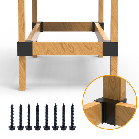 Heavy Duty 4 Piece Steel 3 Way Right Angle Corner Bracket Kit For DIY Workbench Shelving And Work Table Fits 2x4 Lumber Actual 1.5x3.5 Inches With Pre Drilled Holes And Screws For Easy Install installed on wood frame