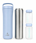 Portable Breastmilk Cooler Bag Featuring Double Walled Stainless Steel Insulation Keeps Mamma Juice Chilled Under Fifty Nine Degrees For Twenty Four Hours Includes Dual Eleven Ounce Bottles Zero Fuss Perfect For Daycare Commutes And Mom Life with blue and silver bottles.