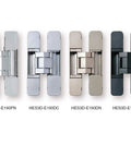 Four finishes of Three Way Adjustable Invisible Concealed Hinge For Heavy Doors HES3D E190 by Sugatsune.