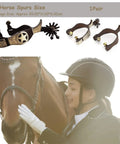 Antique Brown Western Style Horse Spurs 1 Pair With Hand Carved Decoration For Boots Men And Women showcased on table.