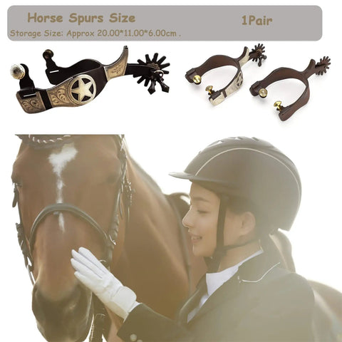 Antique Brown Western Style Horse Spurs 1 Pair With Hand Carved Decoration For Boots Men And Women showcased on table.