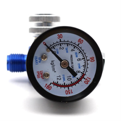 Kick Up Your Paint Game With This Tough As Nails Air Pressure Regulator For Hvlp Spray Guns And Shop Projects Featuring A Smooth Flow Dial And Zero Hassle Setup, showing a pressure gauge with measurements.