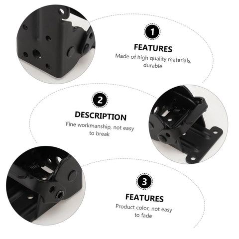 Veemoon two-pack folding table leg hinges; front view with close-ups of mounting holes and spring mechanism
