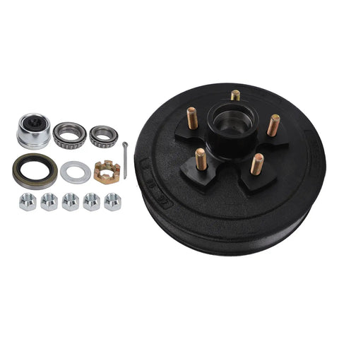 Top Shelf 10 Inch Heavy Duty Trailer Brake Hub Drum Assembly Built Tough For 3500 Lb Axles with hardware and components.