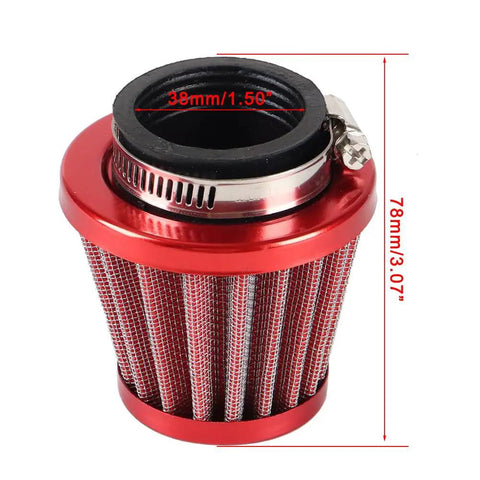 38mm air filter beefed up for 50cc to 212cc engines and VM22 PZ22 PZ26 PZ27 PD18J NC50 carburetor, red with metal clamp