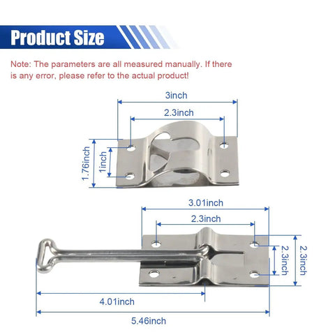 2 Pack RV Door Latch 4 Inch T Style Exterior Door Hold Hook And Keeper Stainless Steel Entry Door Holder For Trailer Camper Cargo And Truck Motorhome Weatherproof Rust Resistant shown with measurements