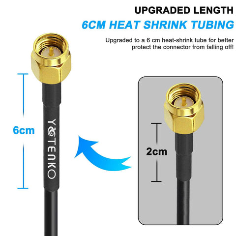 Close-up of SMA Extension Cable 32.8ft 10m SMA Male To SMA Female RG58 50 Ohm Low Loss Coax Cable with 6cm heat shrink tubing