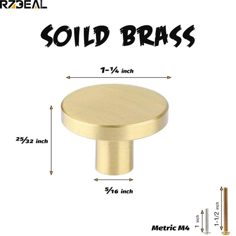 Solid Brass Round Cabinet Knobs 4 Pack, Beefy Yet Sleek Dresser Drawer Pulls, Simple Decorative Kitchen Cabinet Door Handles, 1.26 Inch Diameter By 0.78 Inch, Durable Hardware For Cabinets And Doors