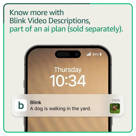 Smartphone screen displaying Blink notifications, featuring video descriptions for outdoor monitoring.