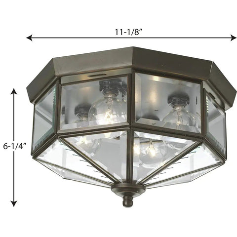 4 Light Beveled Glass Close To Ceiling Indoor Light Fixture In Antique Bronze With Clear Geometric Panels