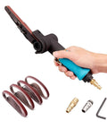 Handheld Pneumatic Air Belt Sander with accessories, 1/4 inch inlet, displaying grinding belts and components. Includes 12 belts for metal.