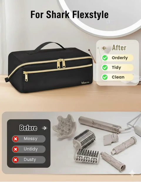 Shark FlexStyle Hair Tools Travel Bag with Wide Open Design and Heat Resistant Mat shown with storage example.