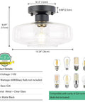 Matte Black Flush Mount Ceiling Light with Clear Glass Shade dimensions and E26 bulb compatibility details.