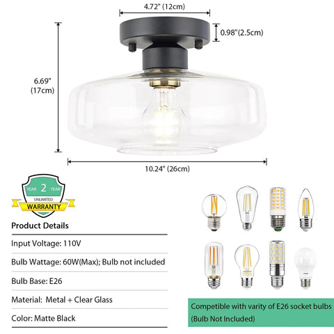 Matte Black Flush Mount Ceiling Light with Clear Glass Shade dimensions and E26 bulb compatibility details.