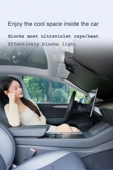 Heavy Duty Double Layer Windshield Sun Shade For Rivian R2 2026 installed in car, blocking sunlight and keeping interior cool.