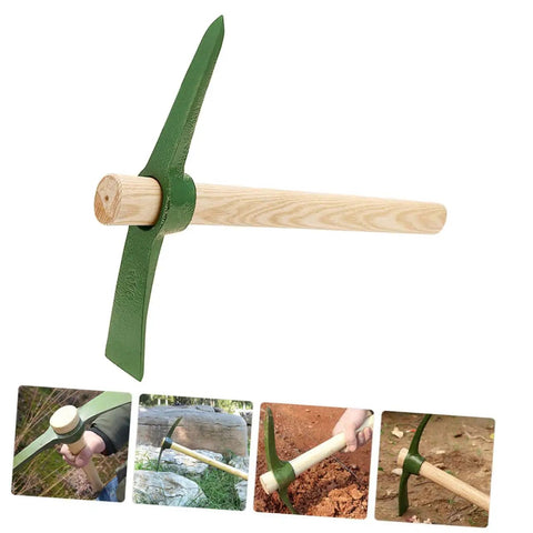 Steel Garden Pickaxe With Wooden Handle For Weeding And Soil Cultivation, Durable Hand Hoe for tough weeds in action