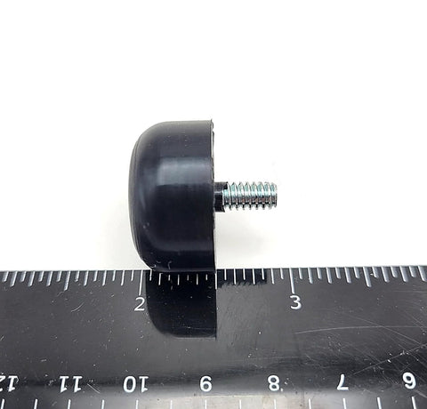 Side view of 10-24 Thread Rubber Feet Bumper 1 Inch Round Screw In Equipment Spacer with Galvanized Steel Stud against ruler