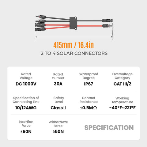 Dimensions and specifications of the 4 To 2 Solar Y Branch Connectors Kit For PV Panels Parallel Wiring Waterproof Wire Plug Tool MF FFMM 2 Pack