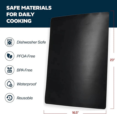 Safe materials infographic with dishwasher-safe, PFOA-free, BPA-free, waterproof features of nonstick oven protector mat for any oven.