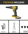 Heavy Duty Cordless Rivet Gun Compatible With Dewalt 20V And 60V Max Battery System Tool Only featuring nozzle set, wrench, and belt clip.