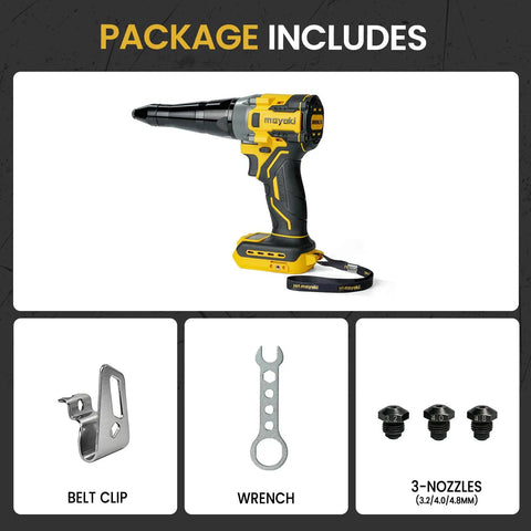 Heavy Duty Cordless Rivet Gun Compatible With Dewalt 20V And 60V Max Battery System Tool Only featuring nozzle set, wrench, and belt clip.