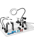 2 In 1 Magnetic Helping Hands Soldering Station with 5X LED Magnifying Lamp, Silicone Mat, Dual Gooseneck Arms, and PCB Holder displayed