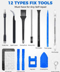 12 repair tools for Mini Electric Screwdriver Set 140-In-1 for DIY Pros, including tweezers, spudgers, and extension rod.