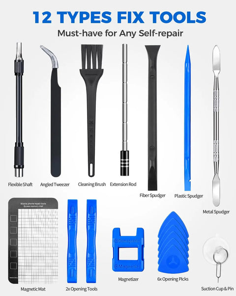 12 repair tools for Mini Electric Screwdriver Set 140-In-1 for DIY Pros, including tweezers, spudgers, and extension rod.