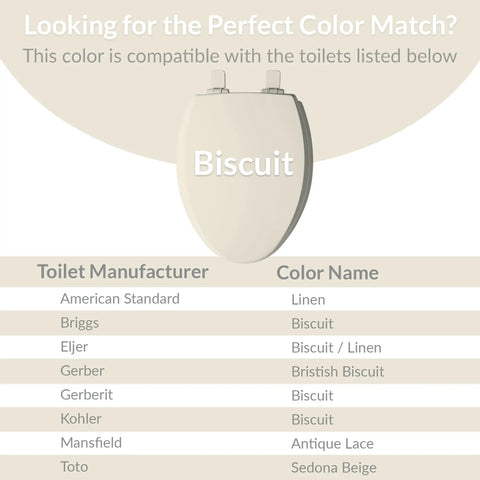 Soft Close Elongated Toilet Seat With Easy Clean Hinges Durable Plastic Build Biscuit Color Made In USA shown with color chart