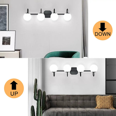 Black Mid Century Vanity Lights With Milk White Glass Globes, 4 Light Wall Sconce Bar For Over Mirror, Vintage Bathroom