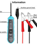 Pro Grade Automotive Circuit Tester With Buzzer Alarm and LED Indicator, shown with red and black alligator clips and auxiliary lead.