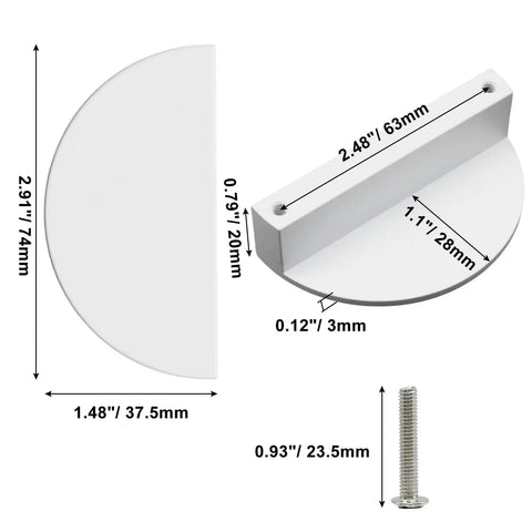 Dimensions of Four Pack Half Moon Cabinet Pulls 2.5 Inch Center Hole Semicircle Drawer Handles Solid Brass Closet Hardware White