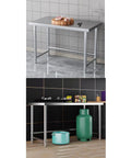 Badass Heavy Duty Stainless Steel Work Table With Open Storage Rack And Adjustable Legs Hella Durable Commercial Prep Counter Sweet For Packing And Quick Wipe Down, featuring chopping board and equipped kitchen.