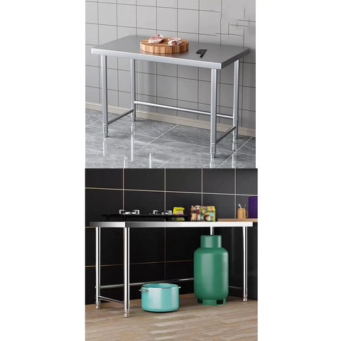 Badass Heavy Duty Stainless Steel Work Table With Open Storage Rack And Adjustable Legs Hella Durable Commercial Prep Counter Sweet For Packing And Quick Wipe Down, featuring chopping board and equipped kitchen.