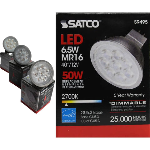 Boxes of Hot 6.5W LED MR16 Bulbs Pack Of 12, 2700K Warm White, 500 Lumen, 40 Degree Beam, GU5.3 Bi-Pin, 12V AC DC, Dimmable