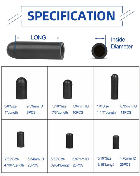 Specifications of Durable Rubber Vacuum Cap And Plug Kit With 102 Piece Assortment For Carburetor And Automotive Vacuum Lines.