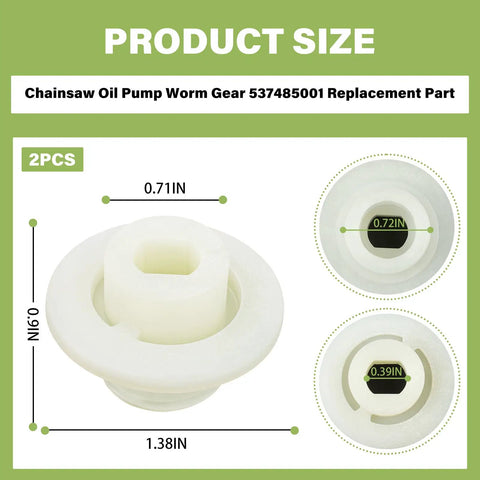 Oil Pump Worm Gear Replacement Kit for 40V 14 Inch Cordless Chainsaw Models RY40503 and RY40505 2 Pack displayed with dimensions