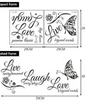 Two Pack Family Inspirational Wall Decals With Motivational Quotes Vinyl Stickers Live Every Moment Laugh Every Day Love Beyond Words Decor For Home Or Office showing size and layout.
