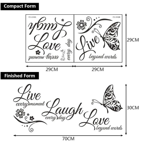Two Pack Family Inspirational Wall Decals With Motivational Quotes Vinyl Stickers Live Every Moment Laugh Every Day Love Beyond Words Decor For Home Or Office showing size and layout.
