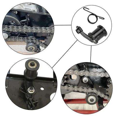 Beefed Up Mini Bike Chain Tensioner with 1.75 Inch Roller, installation view on Coleman CT200U and other 196cc mini bikes
