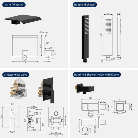 Technical diagram of Waterfall Tub Faucet With Handheld Shower Matte Black Wall Mount Bath Filler Combo High Flow Tub Spout